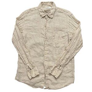 Uniqlo Shirt Mens Size M Long Sleeve Button 100% Linen Pocket Beige